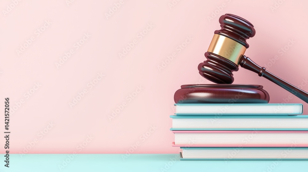 A wooden gavel rests on stacked books against a pastel pink and blue background, symbolizing law and justice. A wooden gavel rests on stacked books against a pastel pink and blue background, symbolizing law and justice.