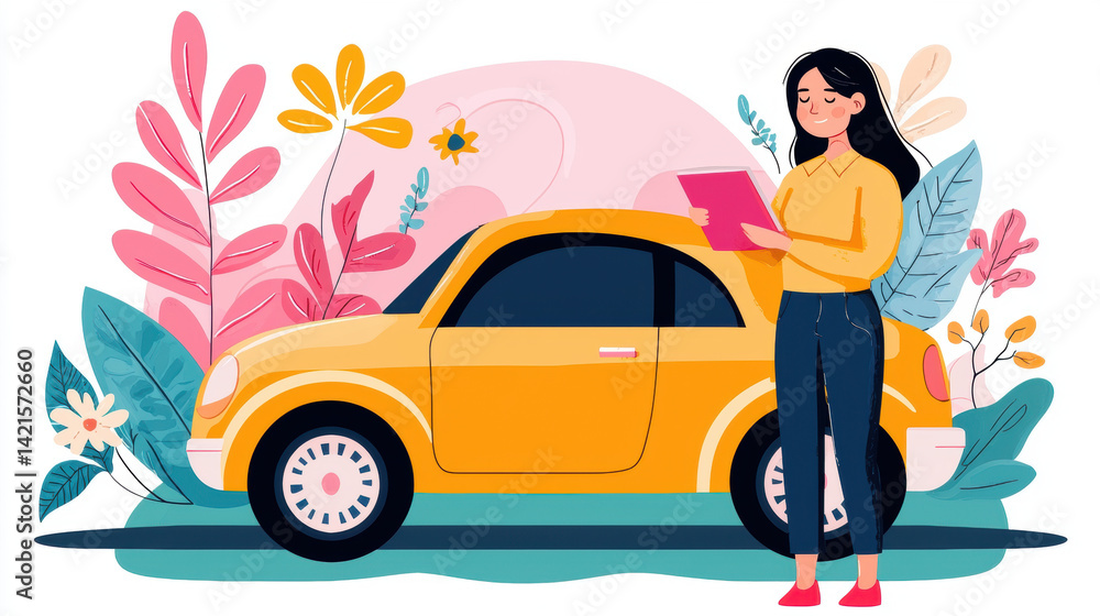 Independent, Independent woman fixing a car in a flat illustration style. Independent, Independent woman fixing a car in a flat illustration style.