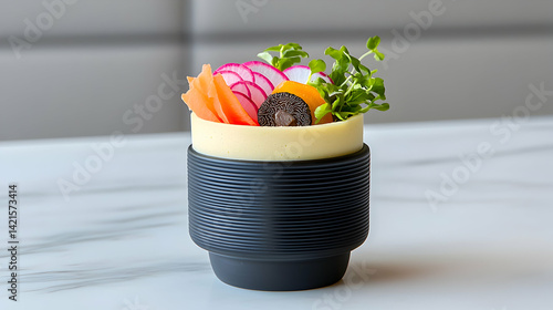 Modern Culinary Dish Presentation: Small Portion of Vegetables in Textured Black Cup on Marble Table