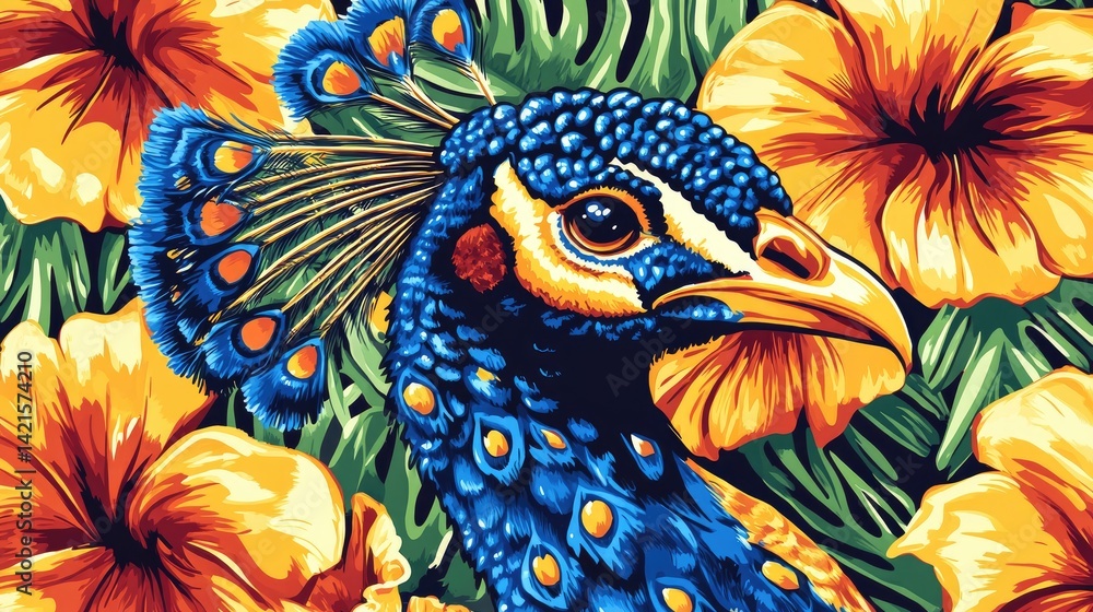 Vibrant peacock portrait amidst lush tropical blooms