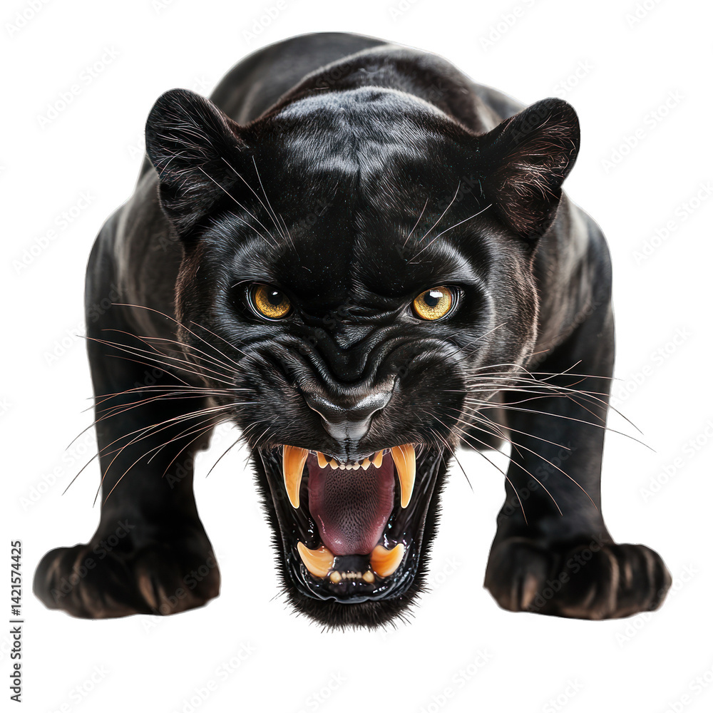 A menacing black panther with bared teeth and intense gaze, symbolizing power and aggression. A menacing black panther with bared teeth and intense gaze, symbolizing power and aggression.