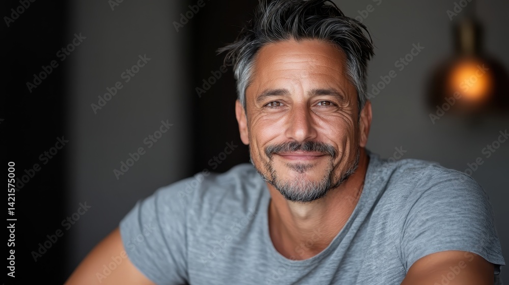 A charming man sports a casual gray t-shirt and radiates warmth and friendliness with his captivating smile, perfect for lifestyle or personal branding imagery. A charming man sports a casual gray t-shirt and radiates warmth and friendliness with his captivating smile, perfect for lifestyle or personal branding imagery.