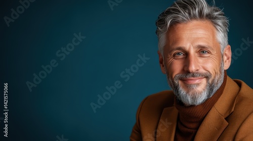An elegant older gentleman in a brown sweater jacket and turtleneck exudes sophistication and charm, making it a great image for fashion or lifestyle-related content.