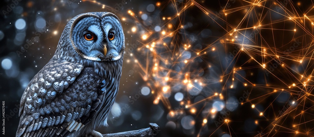 Majestic owl amidst glowing network