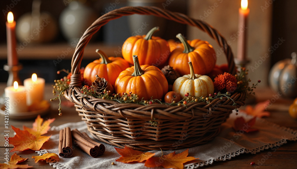 Autumn Harvest Basket with Pumpkins and Candles in Cozy Setting
