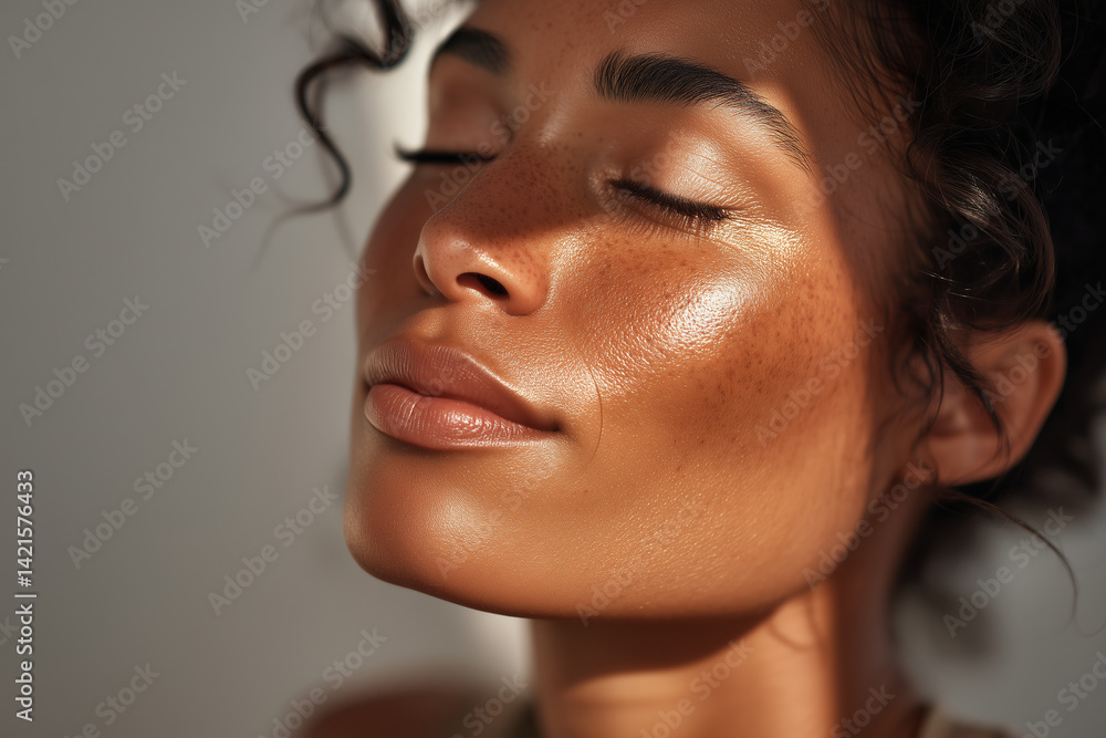 Portrait of a woman showcasing radiant skin and natural beauty in a soft, illuminated setting Portrait of a woman showcasing radiant skin and natural beauty in a soft, illuminated setting
