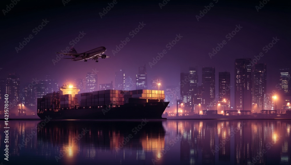 Fototapeta premium Global Cargo Ship and Airplane Transport at Night, City Skyline, International Trade, Logistics, Container Shipping, Aerial View, Urban Scenery