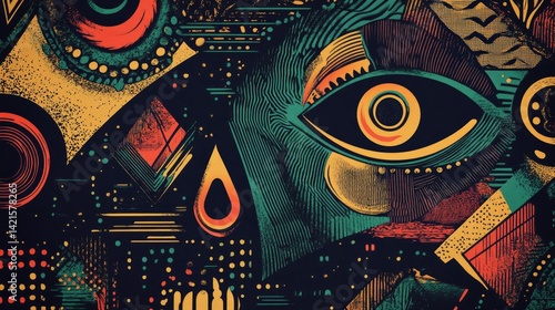 Abstract art, eye, vibrant colors, geometric shapes, textures, collage