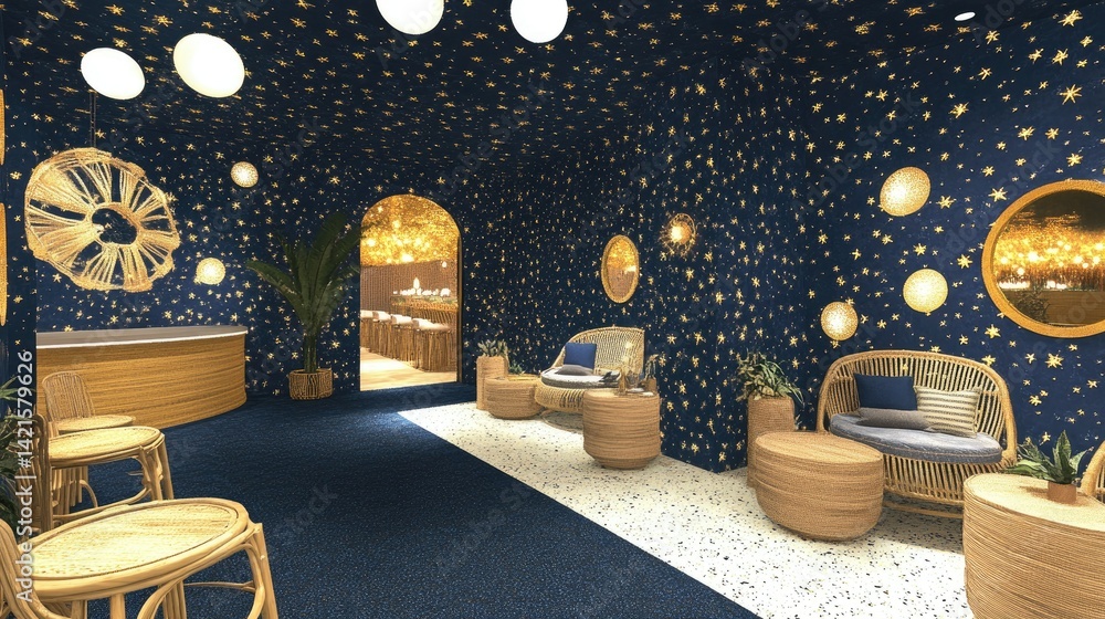 Cosy, modern spa reception area with celestial design