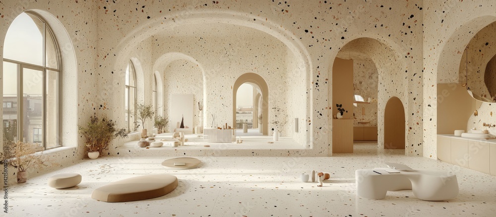 Sunlit, spacious room with arched interiors, speckled walls, and minimalist furniture