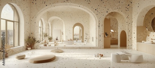 Obraz na płótnie Sunlit, spacious room with arched interiors, speckled walls, and minimalist furniture w salonie