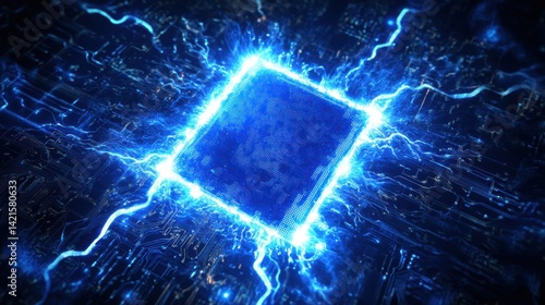 Electric Blue Circuit Board with Digital Microchip and Energy Burst