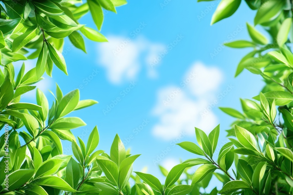 Obraz premium 青空と雲が広がる中、新緑の葉が風に揺れている静かな時を過ごす。