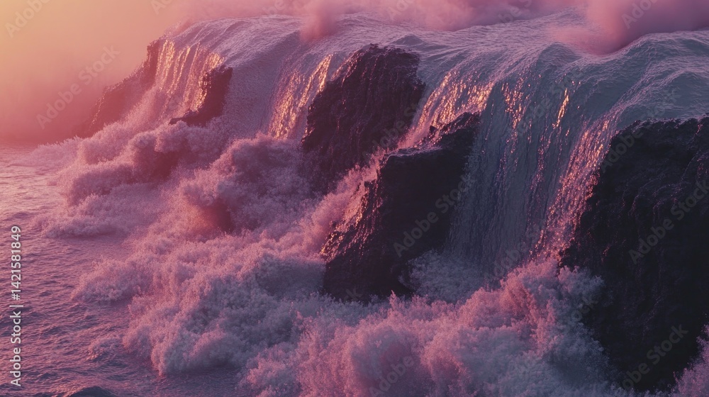 Dramatic sunset over crashing waves cascading down rocky cliffs