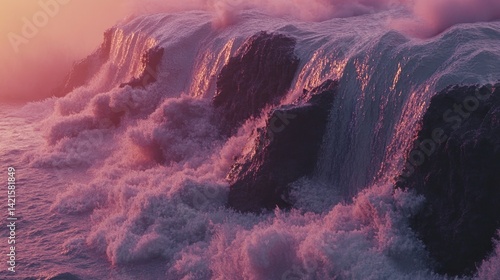 Obraz na płótnie Dramatic sunset over crashing waves cascading down rocky cliffs w salonie