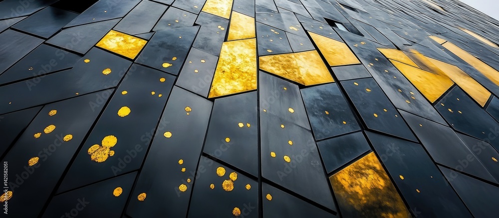 Geometric building facade with dark gray and gold panels