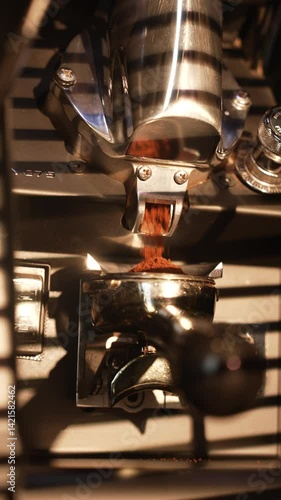 ground coffee is poured in the coffee machine slow motion morning coffee shop, cappuccino or latte preparation  vertical video