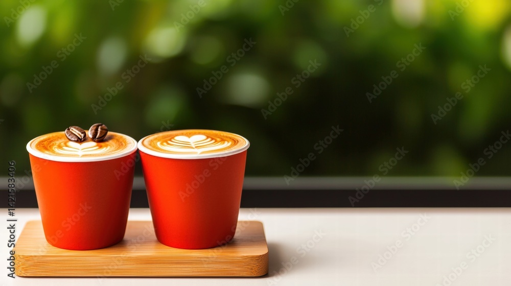 Two elegant cups of coffee arranged on a rustic wooden tray for a cozy morning experience Two elegant cups of coffee arranged on a rustic wooden tray for a cozy morning experience