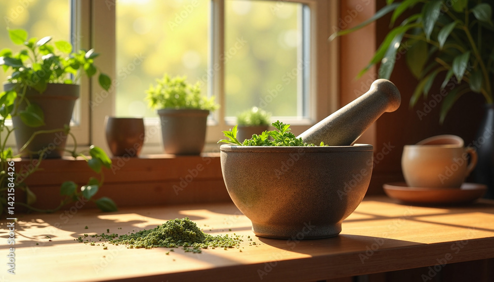Herbal Tea Preparation with Mortar and Pestle in a Cozy Kitchen