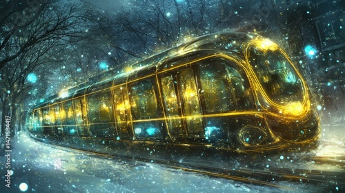 Golden train glides through snowy winter night. 
