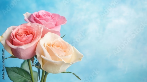 青空を背景にして、淡い色合いのバラが優雅に咲いている瞬間。