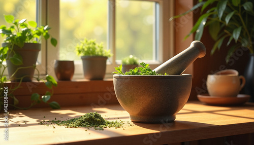 Obraz na płótnie Herbal Tea Preparation with Mortar and Pestle in a Cozy Kitchen w salonie