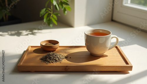 Obraz na płótnie Herbal Tea Preparation with Cozy Vibes on a Wooden Tray w salonie