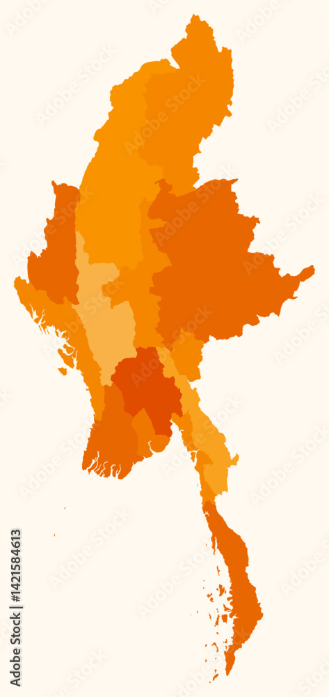 Map of Myanmar with regions. Just a simple country border map with region division. Orange color palette. Plain Republic of the Union of Myanmar shape with administrative division. Map of Myanmar with regions. Just a simple country border map with region division. Orange color palette. Plain Republic of the Union of Myanmar shape with administrative division.