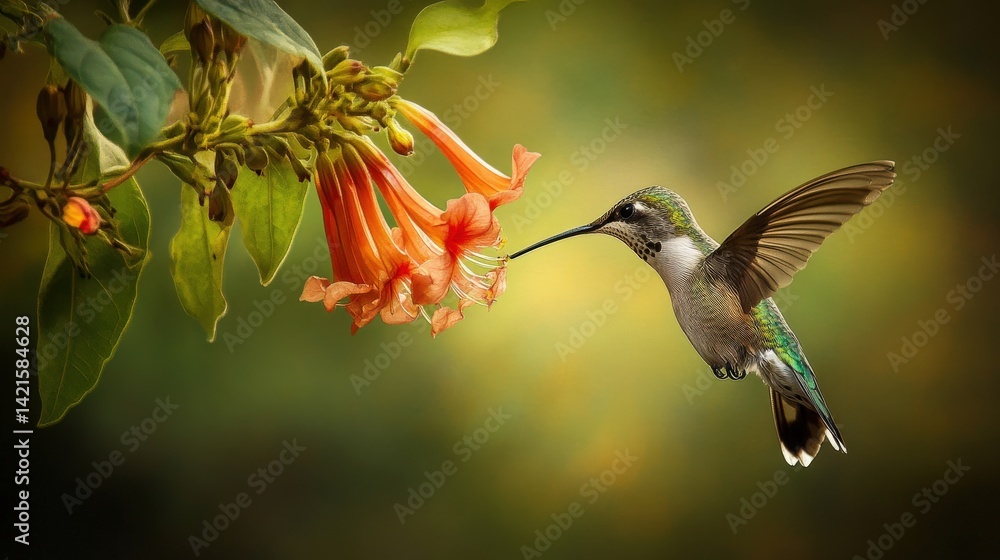 Obraz premium A hummingbird approaches an orange flower for its nectar in the air