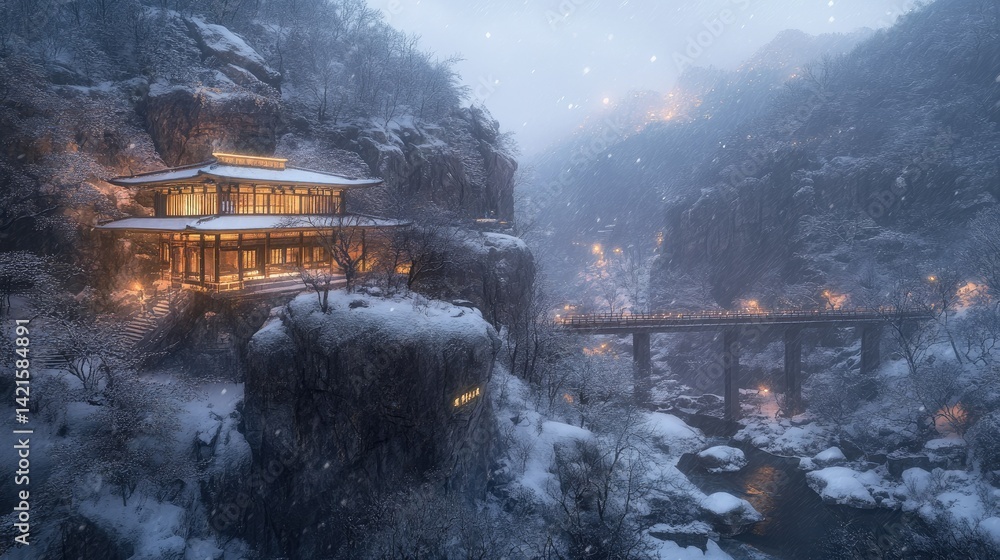 Winter wonderland mountaintop temple. Snowy mountain scenery with a glowing temple nestled on a cliff overlooking a valley