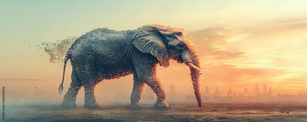 Fototapeta premium Digital art of elephant constructed from memory puzzle fragments, Mosaic of Memories theme, symbolic and emotional, soft tones and dreamlike atmosphere, Midjourney style