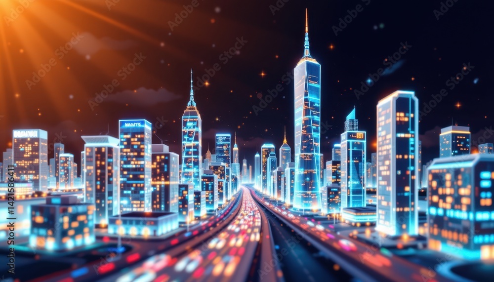 Obraz premium Vibrant nighttime cityscape urban skyline digital art futuristic atmosphere aerial view city life concept