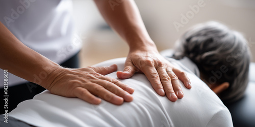Chiropractor provides spinal adjustment to patient in bright clinic setting during daytime therapy session
