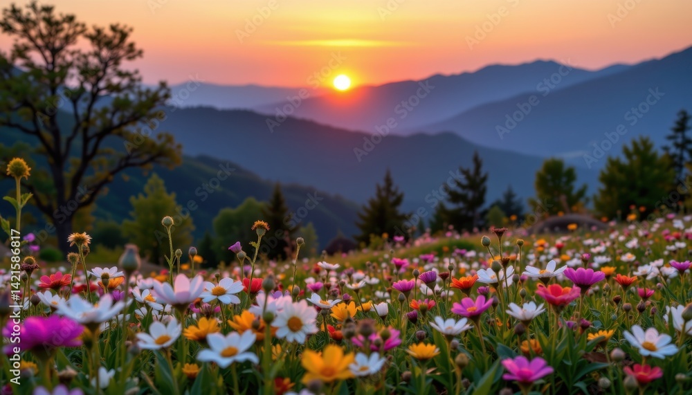 Fototapeta premium Sunset over flower field mountain valley nature photography serene environment panoramic view tranquility