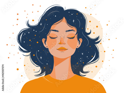 Vector illustration of a girl with closed eyes on a white background.