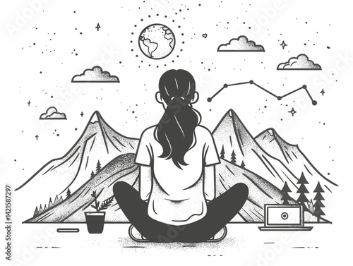 Woman meditating in lotus pose with laptop on the background of mountains.