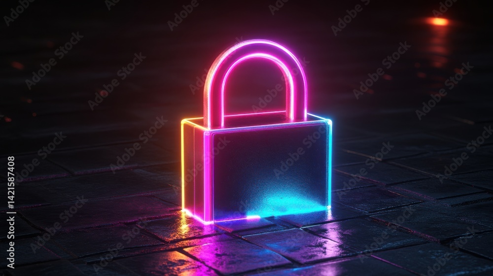 Fototapeta premium Neon Glowing Lock on Dark Floor with Reflections and Dramatic Lighting