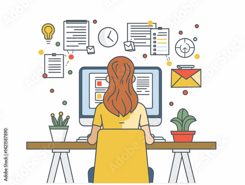 Illustration of a young woman working at the computer. Vector illustration.
