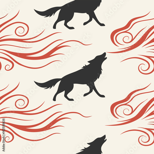 Mystical wolf silhouette designs in nature scenes with spiritual, emotional and tribal elements vector illustration