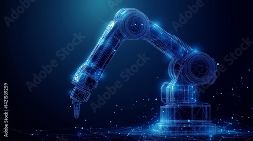 Smart industry robot arms modernization for digital factory technology, showcasing the automation process in Industry 4.0 with IoT control operation and low poly wireframe design.