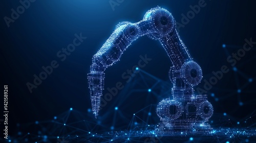 Smart industry robot arms modernization for digital factory technology, showcasing the automation process in Industry 4.0 with IoT control operation and low poly wireframe design.