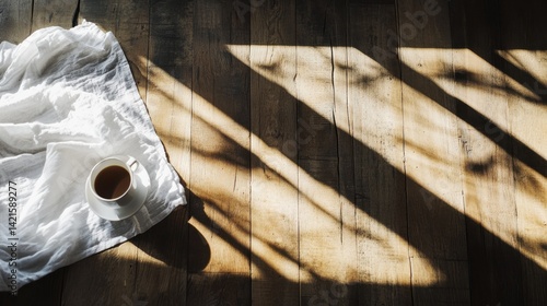 Warm Coffee Cup on Rustic Wooden Table with Soft Natural Light