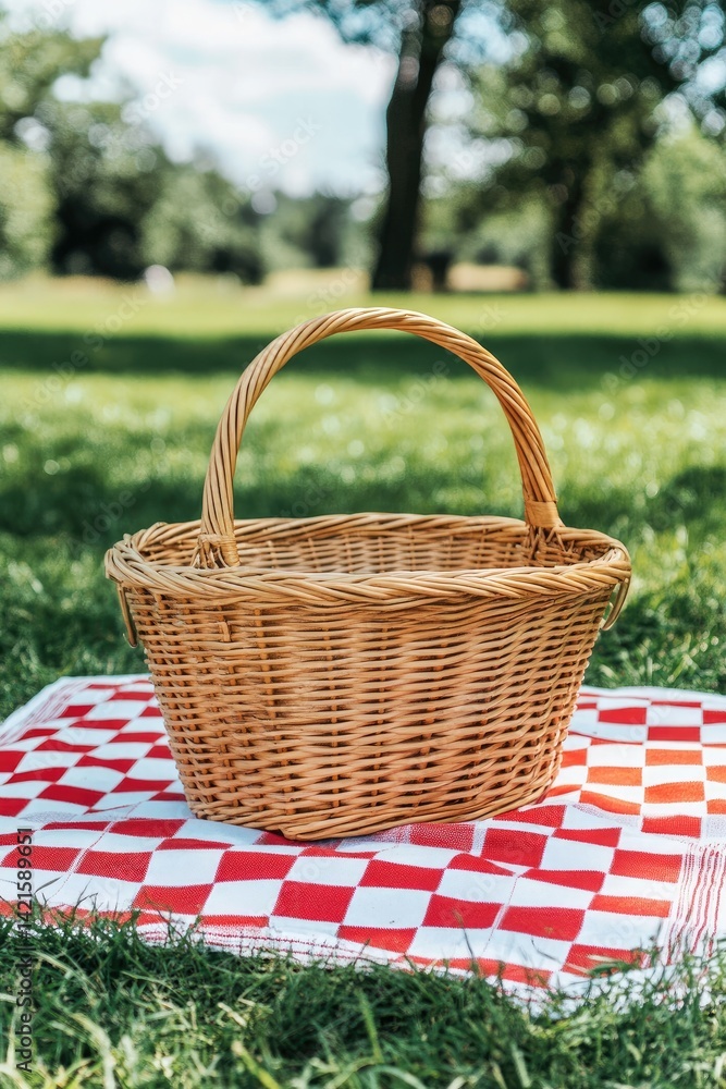 Picnic basket on checkered tablecloth in a park Picnic basket on checkered tablecloth in a park