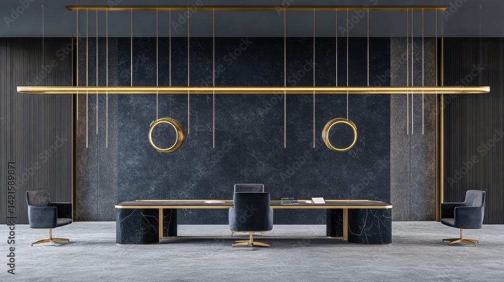 Luxurious dark office with marble desk, gold accents, and pendant lights