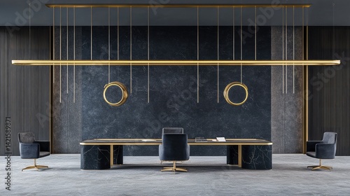 Obraz na płótnie Luxurious dark office with marble desk, gold accents, and pendant lights w salonie
