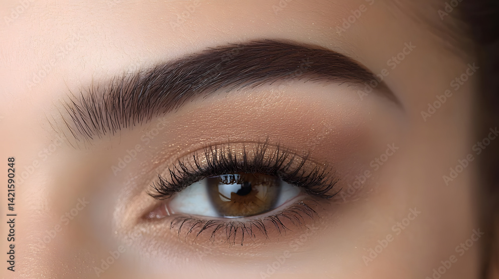 Close-up Eye Makeup: A detailed close-up shot showcasing beautifully shaped eyebrows and subtle eye makeup with a focus on a natural look. Close-up Eye Makeup: A detailed close-up shot showcasing beautifully shaped eyebrows and subtle eye makeup with a focus on a natural look.