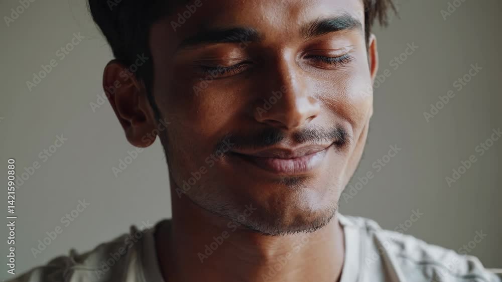 Young Indian Man Calmly Meditating Quietly Indoors Gentle Expression, Peaceful Mindfulness Moment Young Indian Man Calmly Meditating Quietly Indoors Gentle Expression, Peaceful Mindfulness Moment
