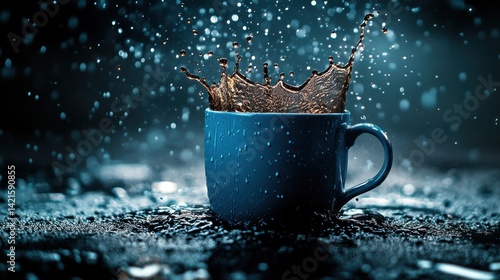Blue Cup with Splashing Water Droplets Against Dark Background