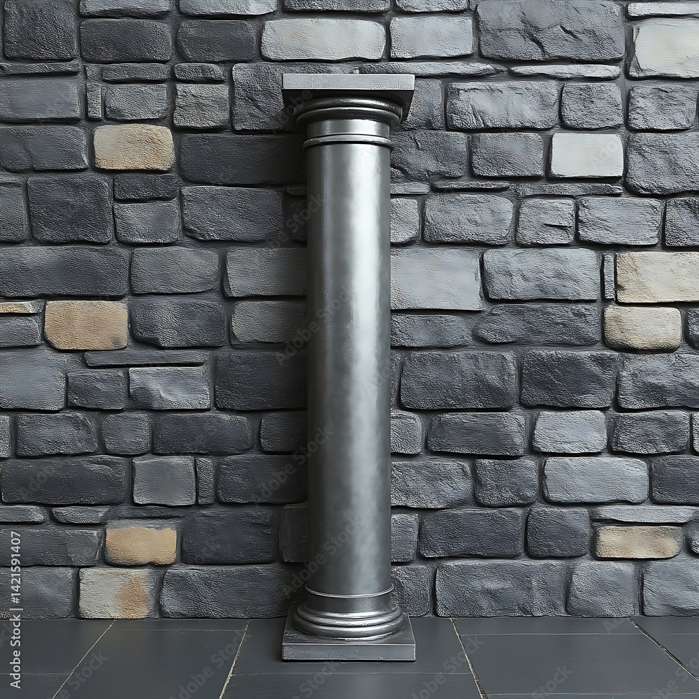 Metallic column against a stone wall. Metallic column against a stone wall.
