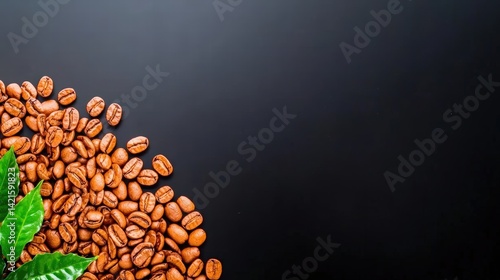 Fresh coffee beans surrounded by lush green leaves creating a beautiful natural contrast and setting